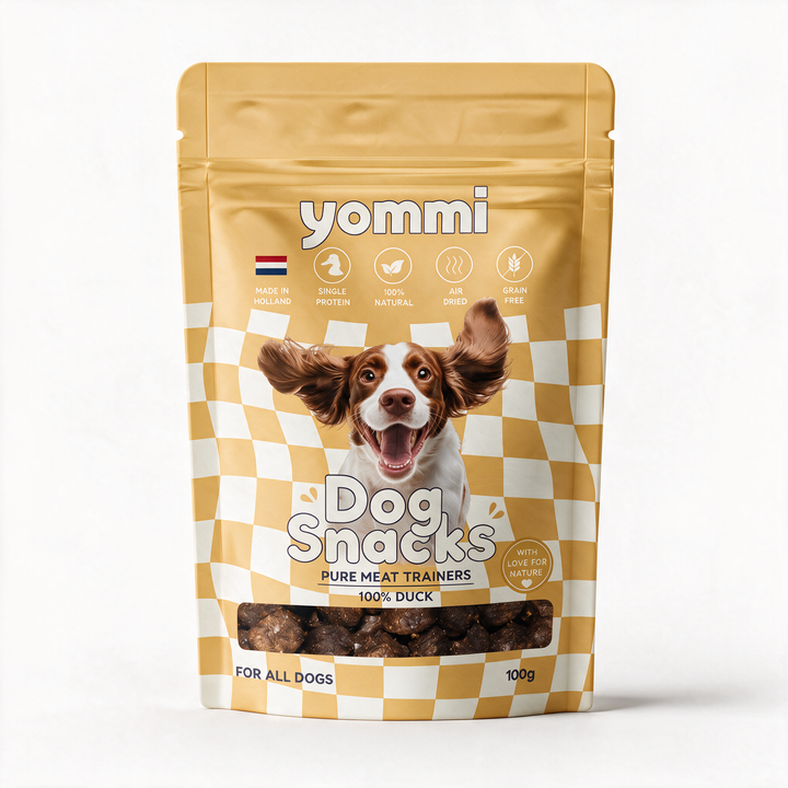 Yommi Dog Snacks Pure Meat Trainers 100% Duck, gele verpakking 100 gram