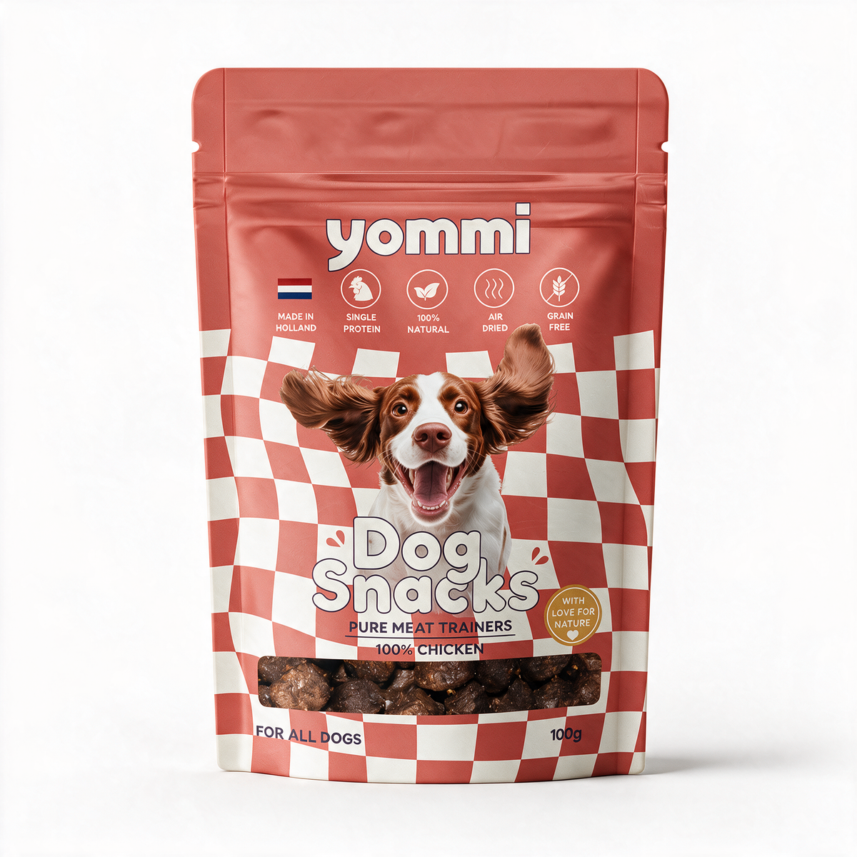 Yommi Dog Snacks Pure Meat Trainers 100% Chicken, koraalrode verpakking 100 gram
