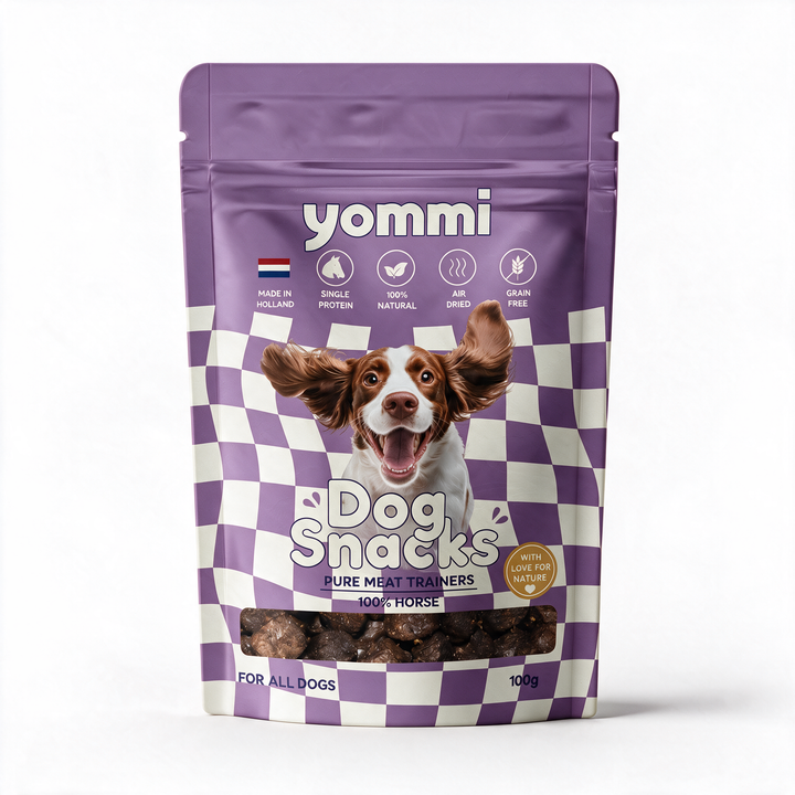 Yommi Dog Snacks Pure Meat Trainers 100% Horse, paarse verpakking 100 gram