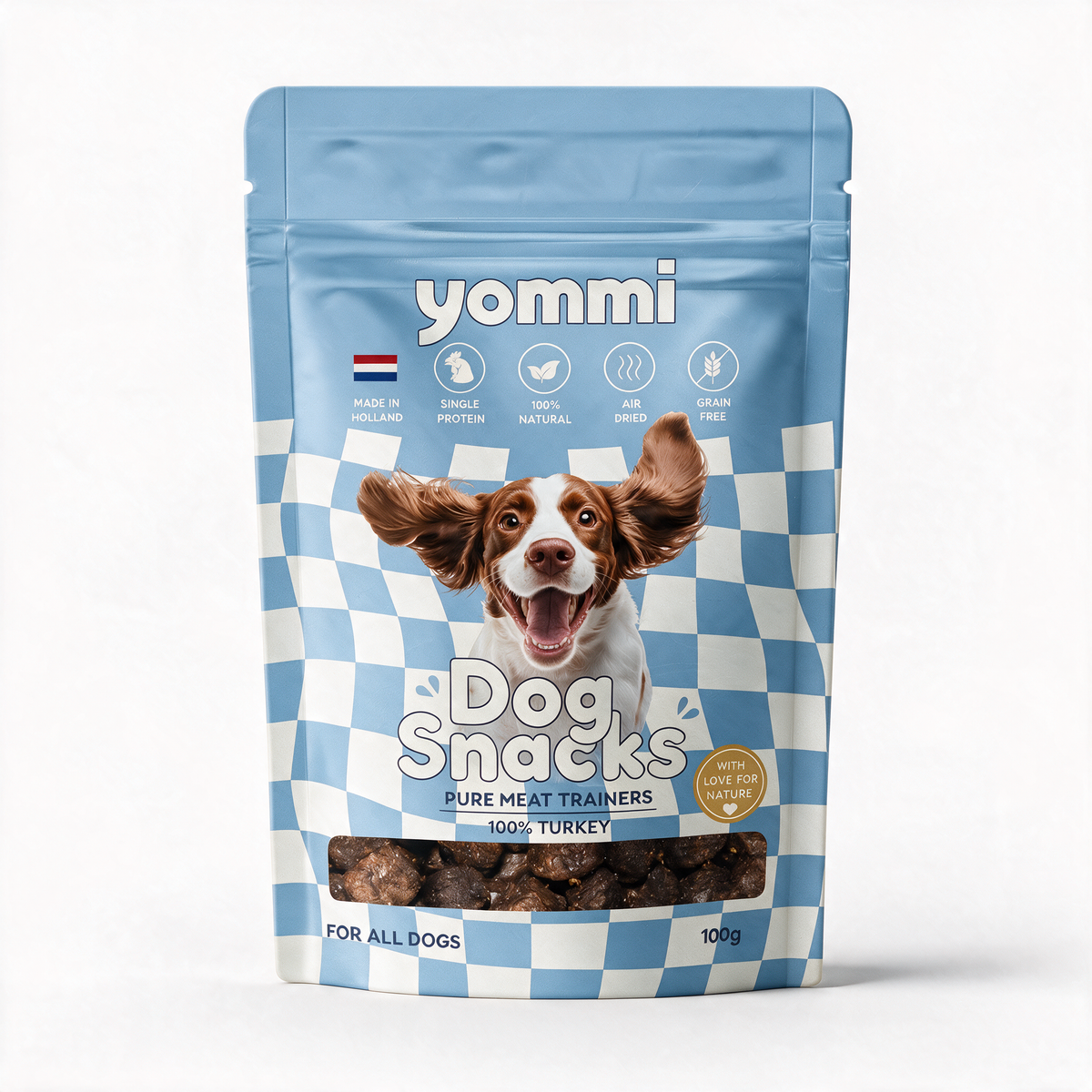 Yommi Dog Snacks Pure Meat Trainers 100% Turkey, lichtblauwe verpakking 100 gram
