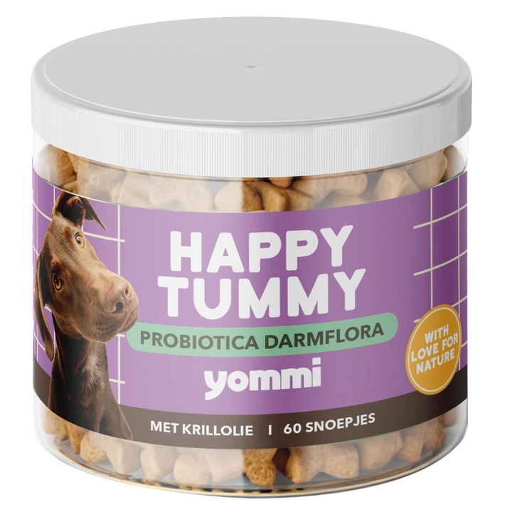 Yommi Happy Tummy probiotica chews voor honden – pot met 60 stuks