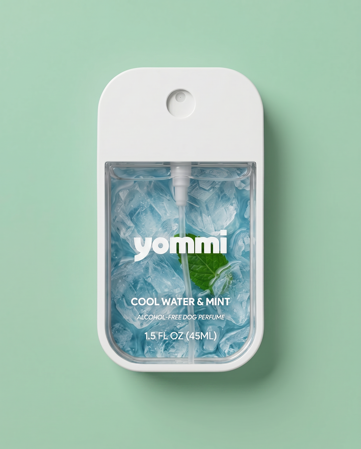 Yommi hondenparfum Cool Water & Mint – flatlay met flesje en verpakking