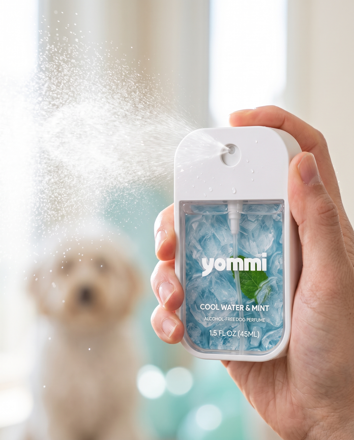 Yommi hondenparfums – alcoholvrije parfum-mist – sfeerbeeld met hond