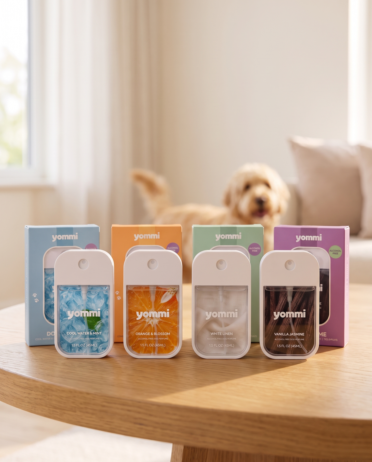 Yommi hondenparfums – alcoholvrije parfum-mist – sfeerbeeld met hond
